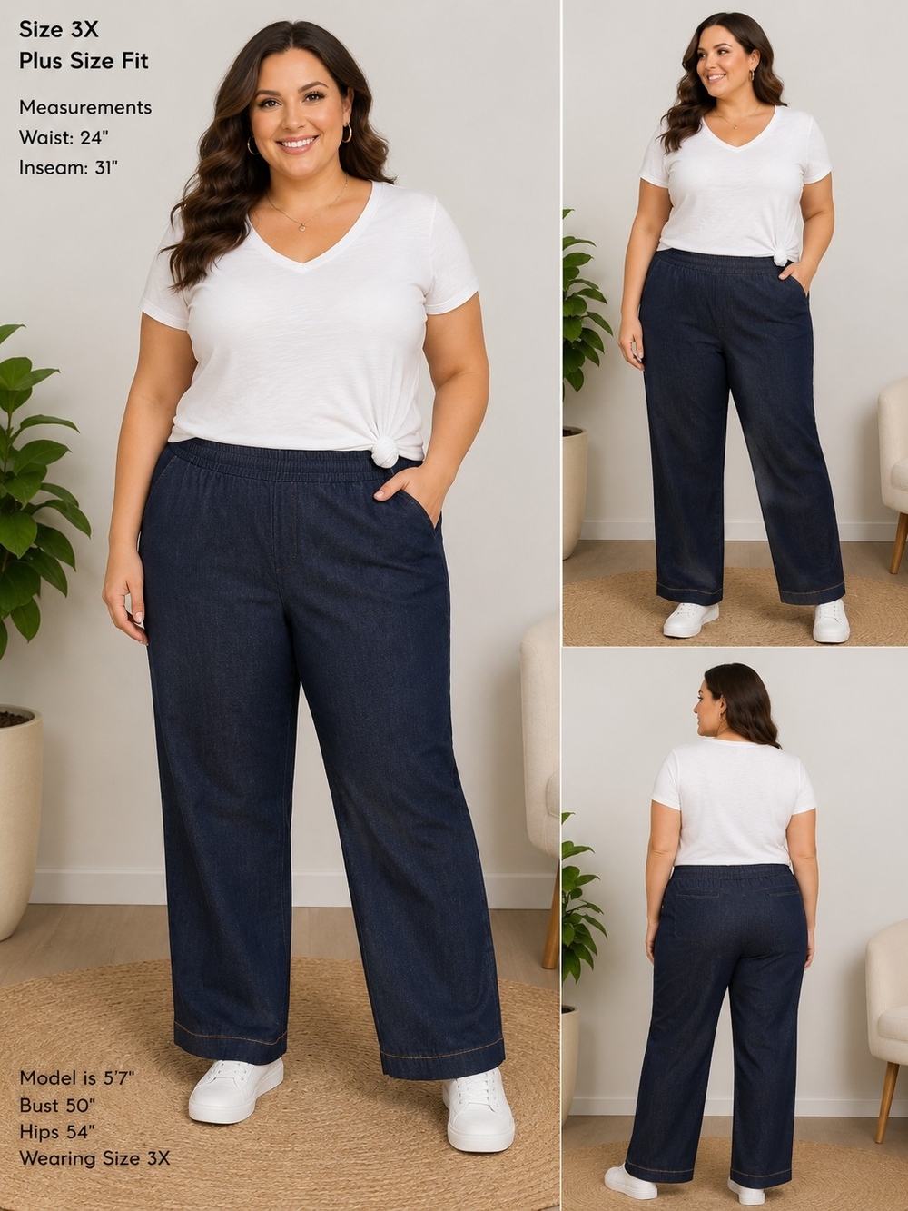 Wendy Williams 3X Chambray Pull On Wide Leg Pants Light Wash Plus Size